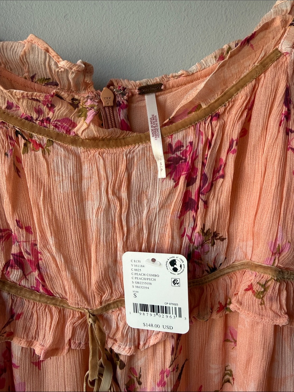 Free People Marney Mini Peach Floral Off-Shoulder dress or tunic size Small - Picture 2 of 7